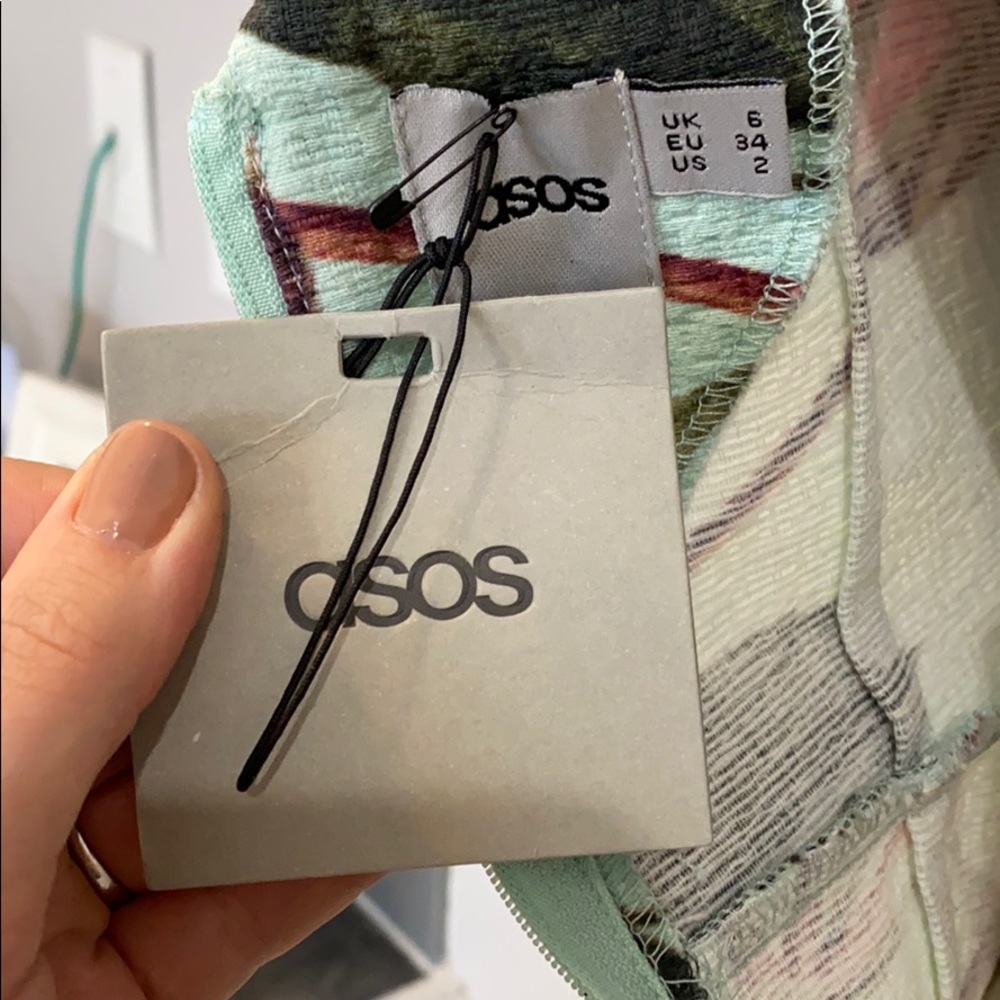 ASOS mint green, textured pink floral short sleeve, wiggle dress, size 2 - Picture 4 of 6